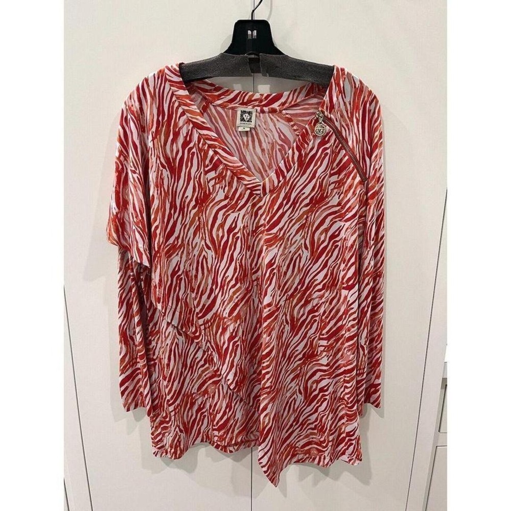 ANNE KLEIN Orange Red and White Zebra Print Tunic